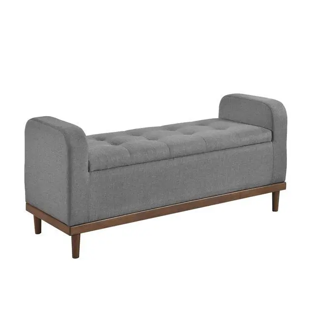 Alt view image 5 of 7 - Mid-Century Modern Lift Top Storage Bench 1pc Tufted Gray Upholstered Solid Wood Walnut Finish Wooden Furniture