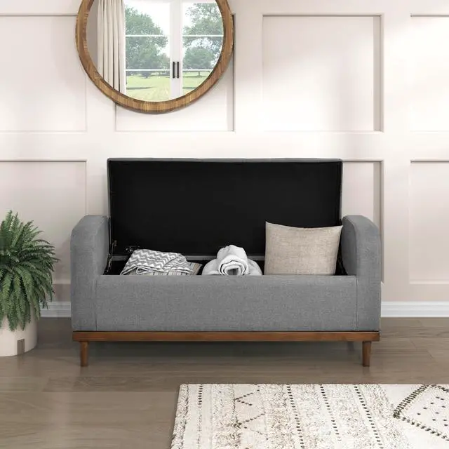 Alt view image 3 of 7 - Mid-Century Modern Lift Top Storage Bench 1pc Tufted Gray Upholstered Solid Wood Walnut Finish Wooden Furniture