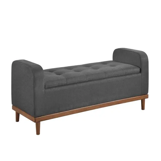 Alt view image 2 of 4 - Mid-Century Modern Lift Top Storage Bench 1pc Tufted Dark Gray Upholstered Solid Wood Walnut Finish Wooden Furniture