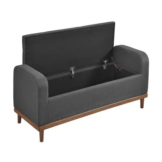 Alt view image 4 of 4 - Mid-Century Modern Lift Top Storage Bench 1pc Tufted Dark Gray Upholstered Solid Wood Walnut Finish Wooden Furniture