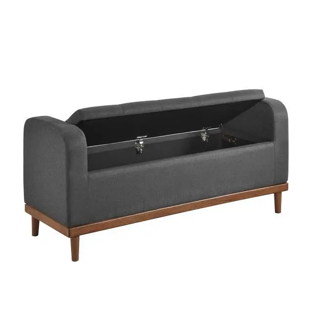 Alt view image 3 of 4 - Mid-Century Modern Lift Top Storage Bench 1pc Tufted Dark Gray Upholstered Solid Wood Walnut Finish Wooden Furniture