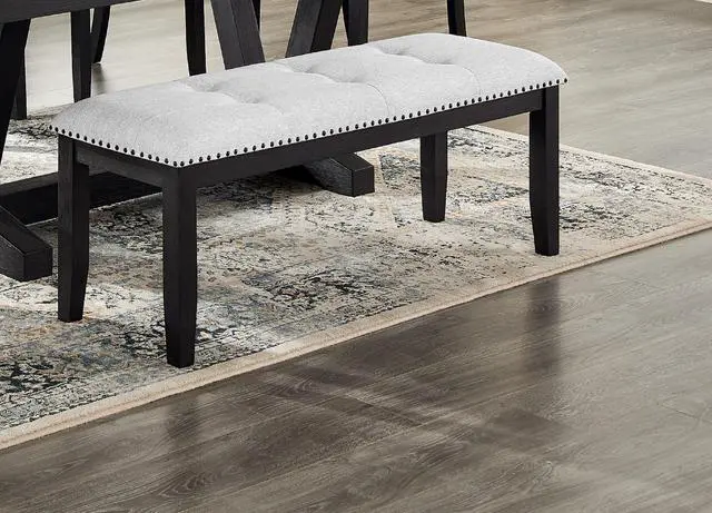 Alt view image 2 of 5 - 1pc Transitional Upholstered Dining Bench Light Gray Upholstery Black Finish Legs Nailhead Tufted Seat Dining Room Bedroom Living Room Furniture