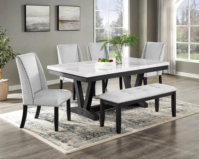 Alt view image 5 of 5 - 1pc Transitional Upholstered Dining Bench Light Gray Upholstery Black Finish Legs Nailhead Tufted Seat Dining Room Bedroom Living Room Furniture