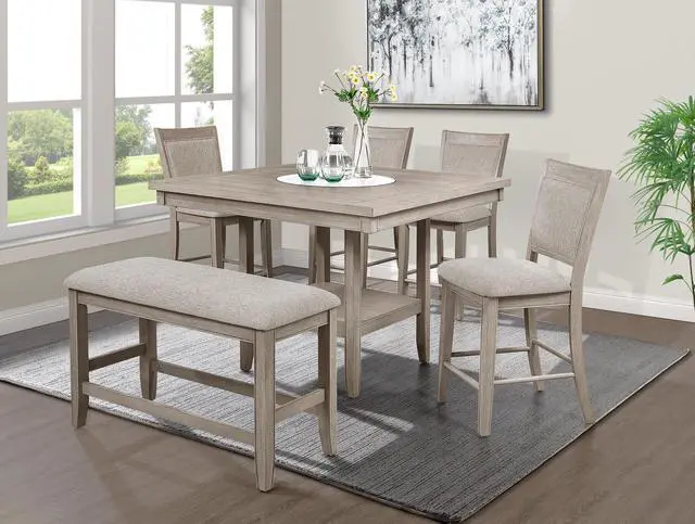 Alt view image 4 of 4 - Farmhouse Style 1pc Tan / Beige Gray Color Counter Height Bench Footrest Upholstered Seat Wooden Furniture
