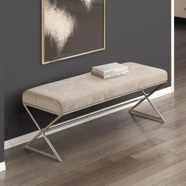Main image of Contemporary Upholstered Bench Taupe Chenille Seat Plush Comfort Home Furniture 1pc Entryway Bench Metal Frame Champagne Finish