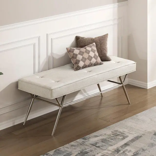 Main image of Contemporary Upholstered Bench Beige Tufted Seat Plush Comfort Home Furniture 1pc Entryway Bench Metal Legs Champagne Finish
