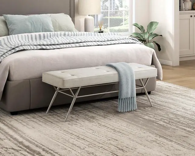 Alt view image 5 of 6 - Contemporary Upholstered Bench Beige Tufted Seat Plush Comfort Home Furniture 1pc Entryway Bench Metal Legs Champagne Finish