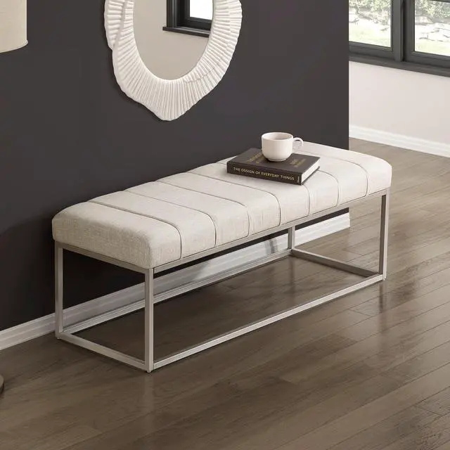Main image of Modern Home Furniture 1pc Bench Beige Fabric Upholstery Plush Comfort Metal Legs Champagne Finish Entryway Bench