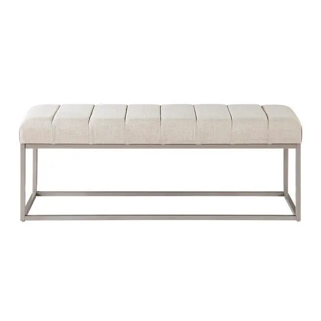 Alt view image 2 of 6 - Modern Home Furniture 1pc Bench Beige Fabric Upholstery Plush Comfort Metal Legs Champagne Finish Entryway Bench
