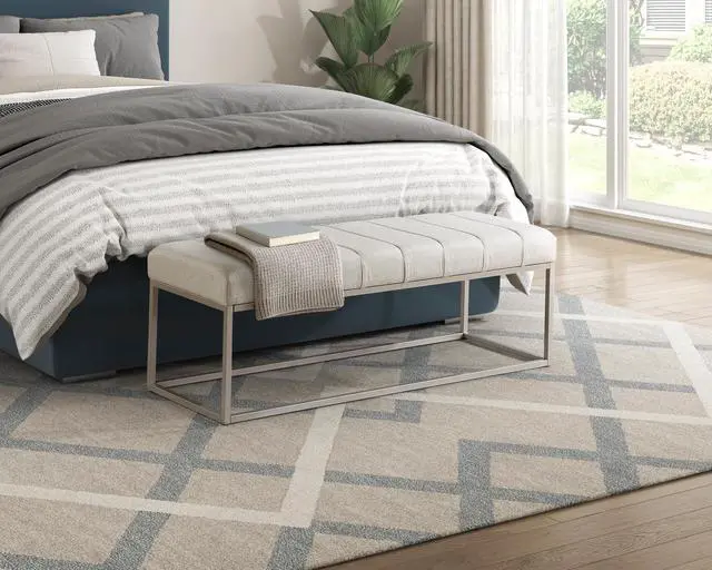 Alt view image 5 of 6 - Modern Home Furniture 1pc Bench Beige Fabric Upholstery Plush Comfort Metal Legs Champagne Finish Entryway Bench