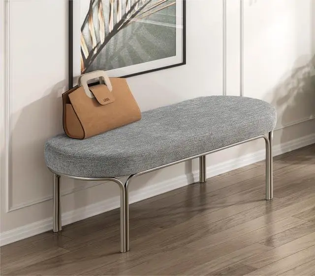 Main image of Modern Home Furniture 1pc Stylish Bench Gray Chenille Upholstery Sleek Design Champagne Finish Metal Legs Entryway Bench