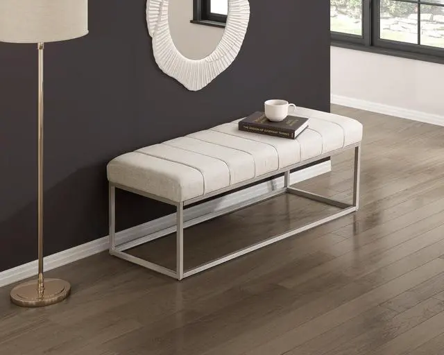 Alt view image 4 of 6 - Modern Home Furniture 1pc Bench Beige Fabric Upholstery Plush Comfort Metal Legs Champagne Finish Entryway Bench