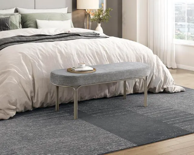 Alt view image 4 of 5 - Modern Home Furniture 1pc Stylish Bench Gray Chenille Upholstery Sleek Design Champagne Finish Metal Legs Entryway Bench