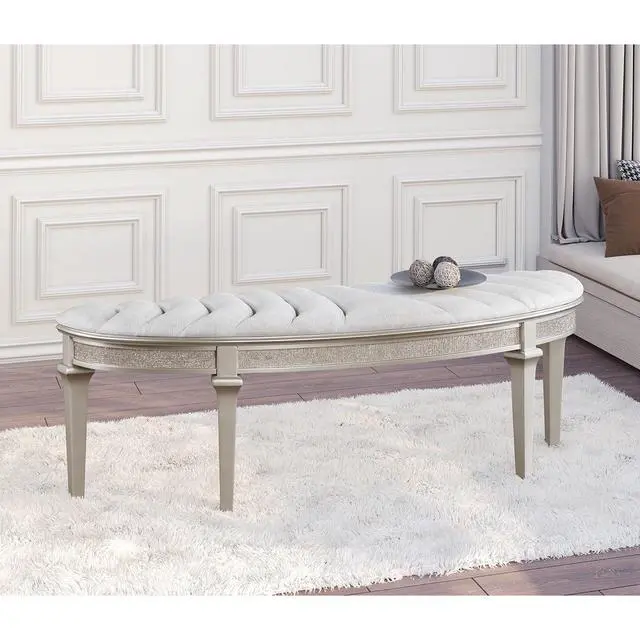 Alt view image 2 of 6 - Curved Fabric Upholstered Bench, Silver Oak and Ivory