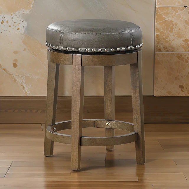 Main image of Bara 25 Inch Swivel Counter Stool Gray Round Faux Leather, Brown, Set of 2