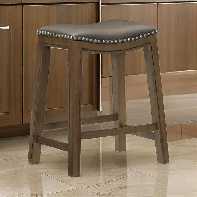 Main image of Miel 26 Inch Counter Height Stool, Gray Faux Leather Seat, Brown Solid Wood