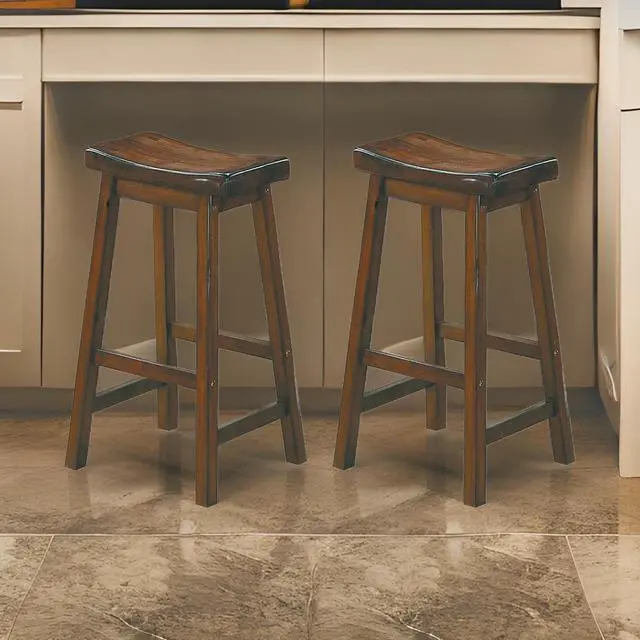 Alt view image 5 of 6 - Wooden 29" Counter Height Stool with Saddle Seat, Distressed Cherry, Set Of 2