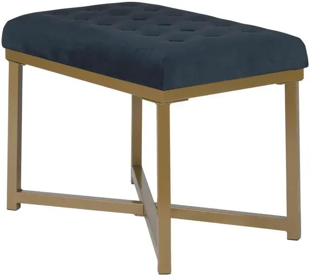 Main image of Metal Framed Bench with Button Tufted Velvet Upholstered Seat, Dark Blue and Gold