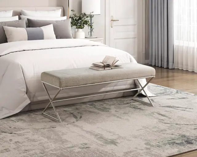 Alt view image 5 of 6 - Contemporary Upholstered Bench Taupe Chenille Seat Plush Comfort Home Furniture 1pc Entryway Bench Metal Frame Champagne Finish