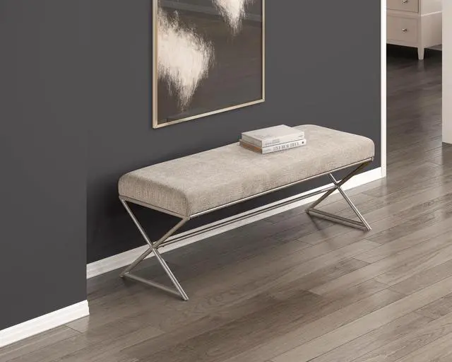 Alt view image 4 of 6 - Contemporary Upholstered Bench Taupe Chenille Seat Plush Comfort Home Furniture 1pc Entryway Bench Metal Frame Champagne Finish