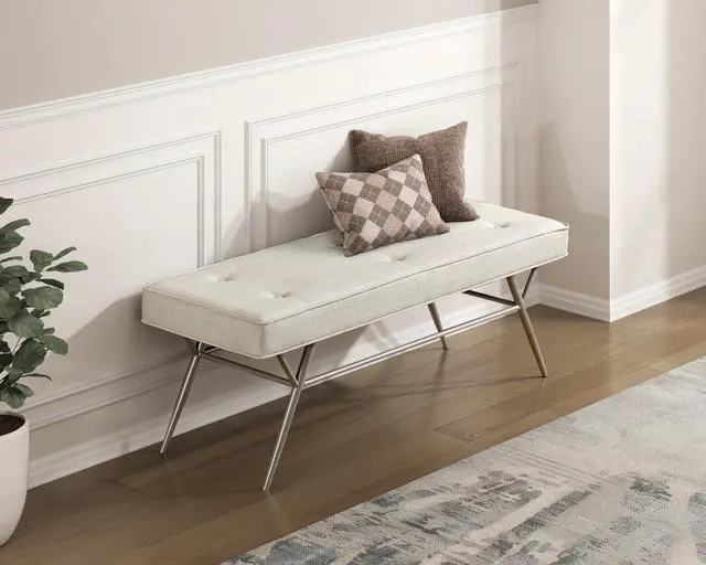 Alt view image 4 of 6 - Contemporary Upholstered Bench Beige Tufted Seat Plush Comfort Home Furniture 1pc Entryway Bench Metal Legs Champagne Finish