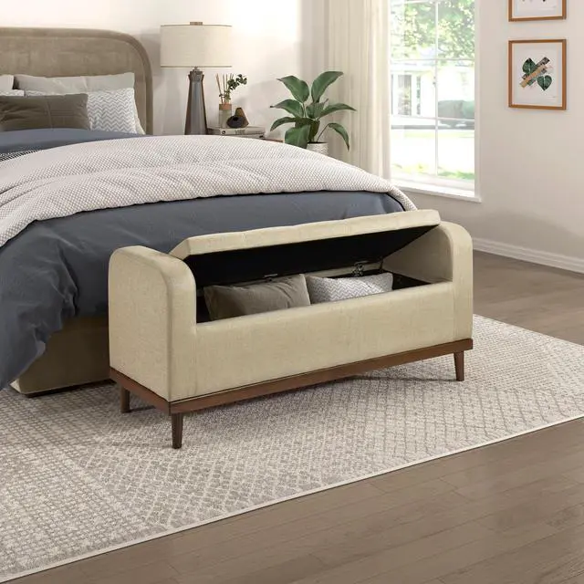 Alt view image 2 of 6 - Mid-Century Modern Lift Top Storage Bench 1pc Light Brown Upholstered Tufted Solid Wood Walnut Finish Wooden Furniture