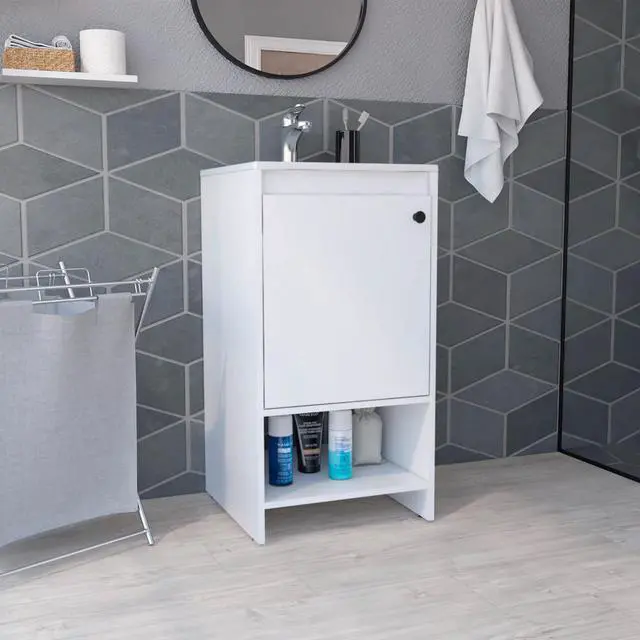 Main image of Jane Bathroom Vanity, Single Door Cabinet, Two Shelves -White