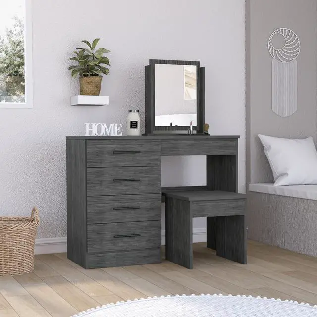 Main image of Kaia Makeup Vanity, Four Drawers, One Mirror, Stool -Smokey Oak