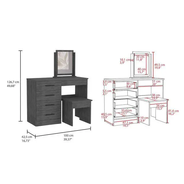 Alt view image 3 of 7 - Kaia Makeup Vanity, Four Drawers, One Mirror, Stool -Smokey Oak