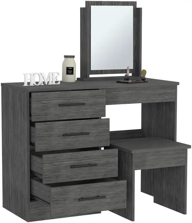 Alt view image 7 of 7 - Kaia Makeup Vanity, Four Drawers, One Mirror, Stool -Smokey Oak