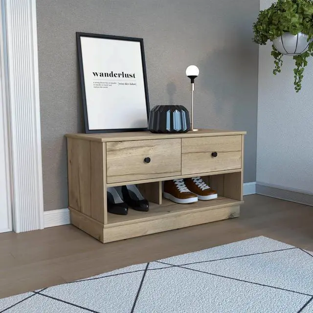 Main image of Uranus Storage Bench, Two Drawers, Two Open Shelves, Light Oak