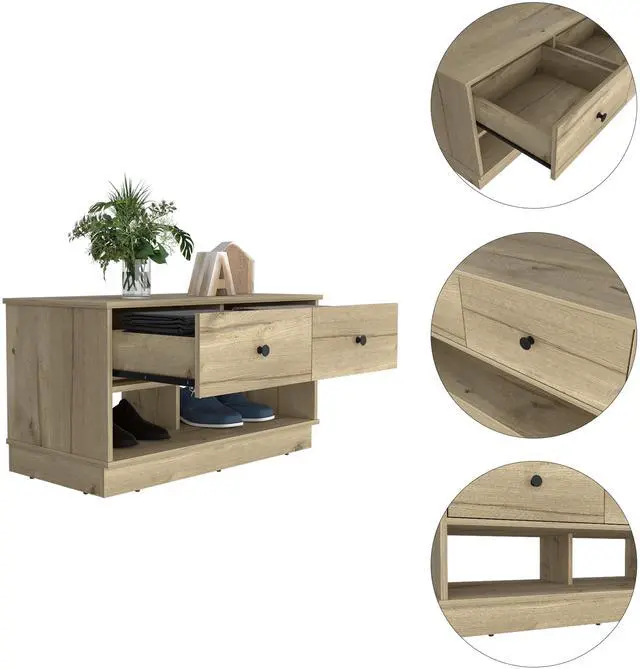 Alt view image 4 of 6 - Uranus Storage Bench, Two Drawers, Two Open Shelves, Light Oak