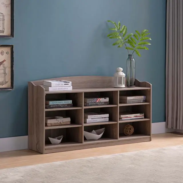 Main image of Wooden Shoe Storage Bench, Nine Storage Shelves, Entryway Organizer, Dark Taupe