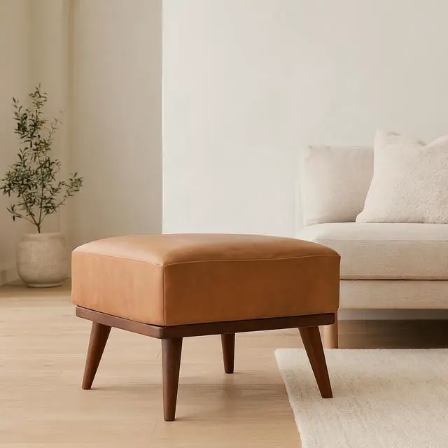 Main image of Tan Buffalo Leather Footstool, Upholstered, Nordic Legs, Tan and Dark Brown