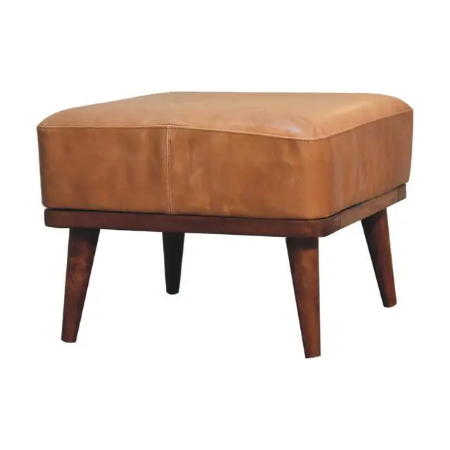 Alt view image 4 of 7 - Tan Buffalo Leather Footstool, Upholstered, Nordic Legs, Tan and Dark Brown