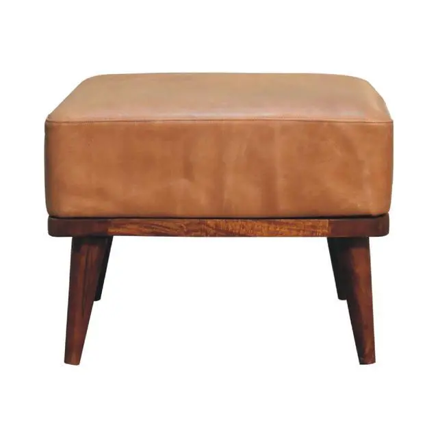 Alt view image 2 of 7 - Tan Buffalo Leather Footstool, Upholstered, Nordic Legs, Tan and Dark Brown