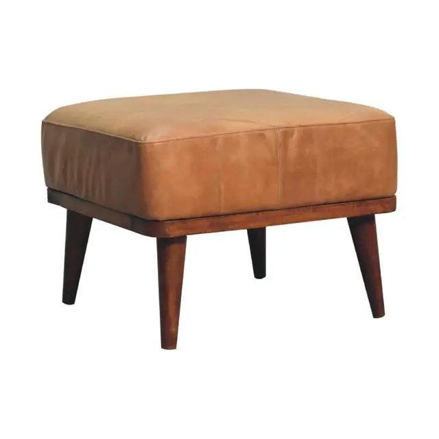 Alt view image 3 of 7 - Tan Buffalo Leather Footstool, Upholstered, Nordic Legs, Tan and Dark Brown