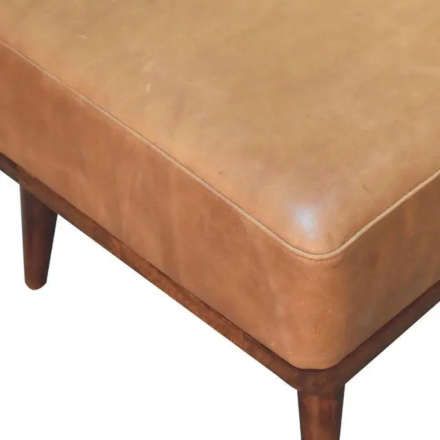 Alt view image 6 of 7 - Tan Buffalo Leather Footstool, Upholstered, Nordic Legs, Tan and Dark Brown