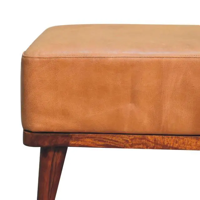 Alt view image 5 of 7 - Tan Buffalo Leather Footstool, Upholstered, Nordic Legs, Tan and Dark Brown