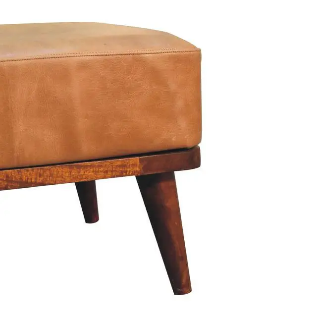 Alt view image 7 of 7 - Tan Buffalo Leather Footstool, Upholstered, Nordic Legs, Tan and Dark Brown