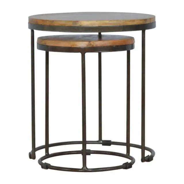 Alt view image 2 of 7 - Solid Wood Round Stool with Iron Base, Set of 2, Light Brown
