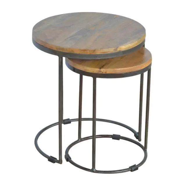 Alt view image 3 of 7 - Solid Wood Round Stool with Iron Base, Set of 2, Light Brown