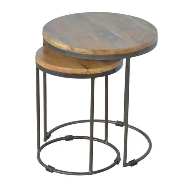 Alt view image 4 of 7 - Solid Wood Round Stool with Iron Base, Set of 2, Light Brown