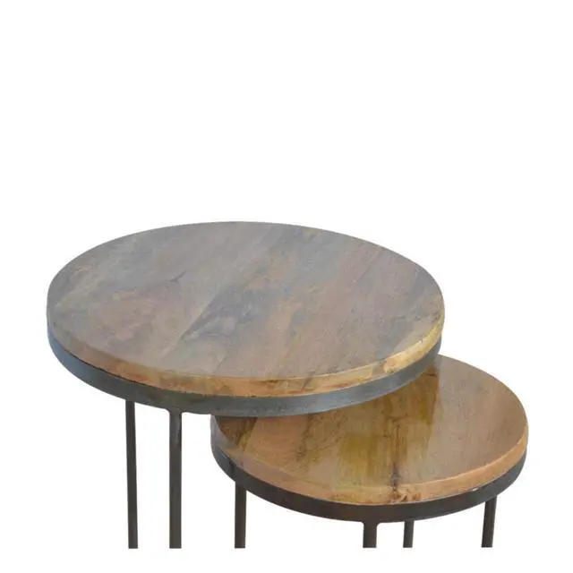 Alt view image 5 of 7 - Solid Wood Round Stool with Iron Base, Set of 2, Light Brown