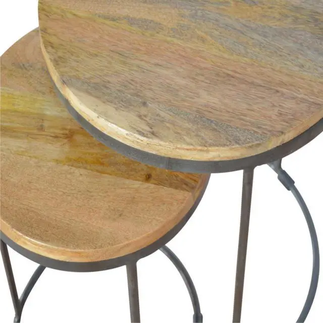 Alt view image 6 of 7 - Solid Wood Round Stool with Iron Base, Set of 2, Light Brown
