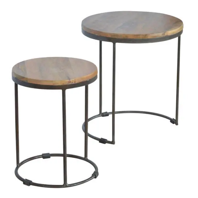Alt view image 7 of 7 - Solid Wood Round Stool with Iron Base, Set of 2, Light Brown