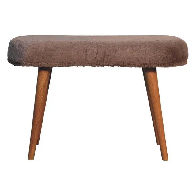 Alt view image 2 of 7 - Solid Wood Faux Fur Fabric Bench, Upholstered, Nordic Legs, Mocha and Brown