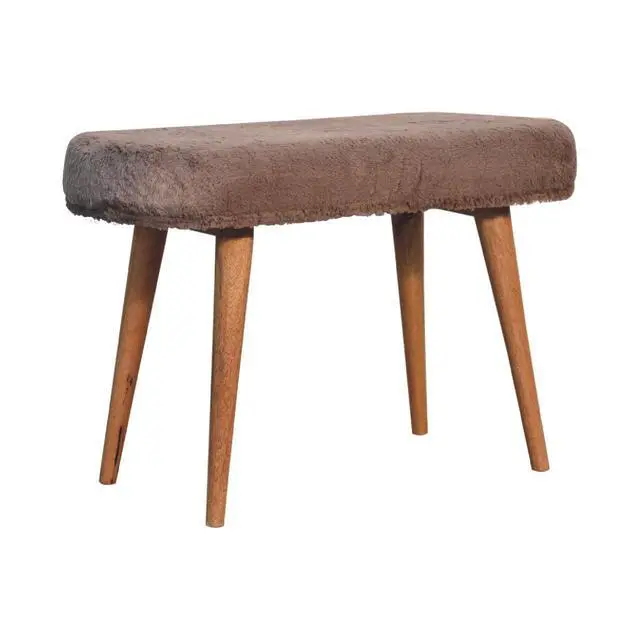 Alt view image 3 of 7 - Solid Wood Faux Fur Fabric Bench, Upholstered, Nordic Legs, Mocha and Brown