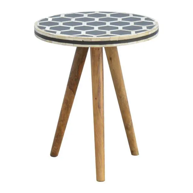 Alt view image 2 of 7 - Solid Wood Bone Inlay Tripod Stool, Black and White