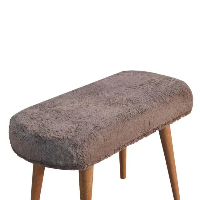 Alt view image 7 of 7 - Solid Wood Faux Fur Fabric Bench, Upholstered, Nordic Legs, Mocha and Brown